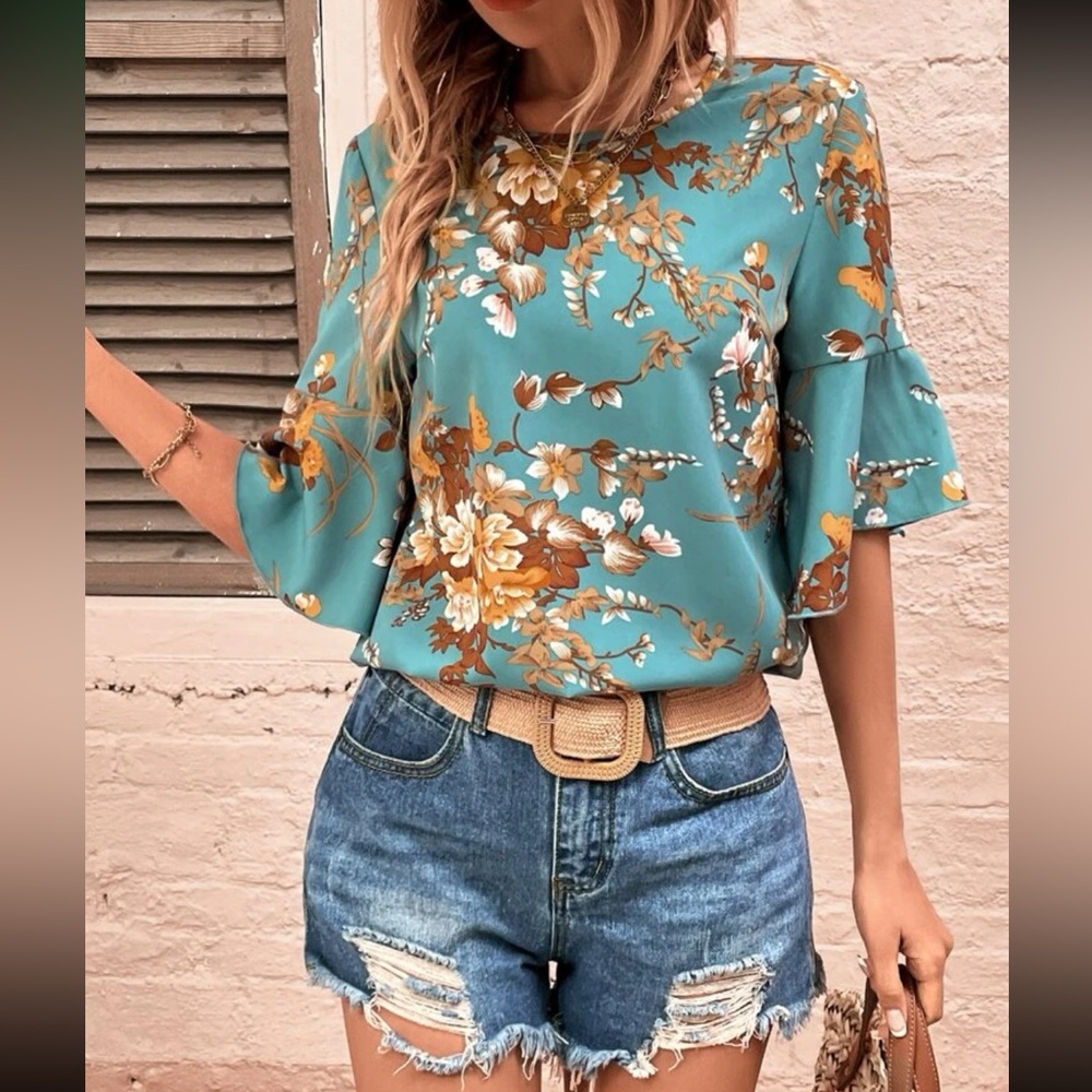 Boho floral print flounce sleeve blouse